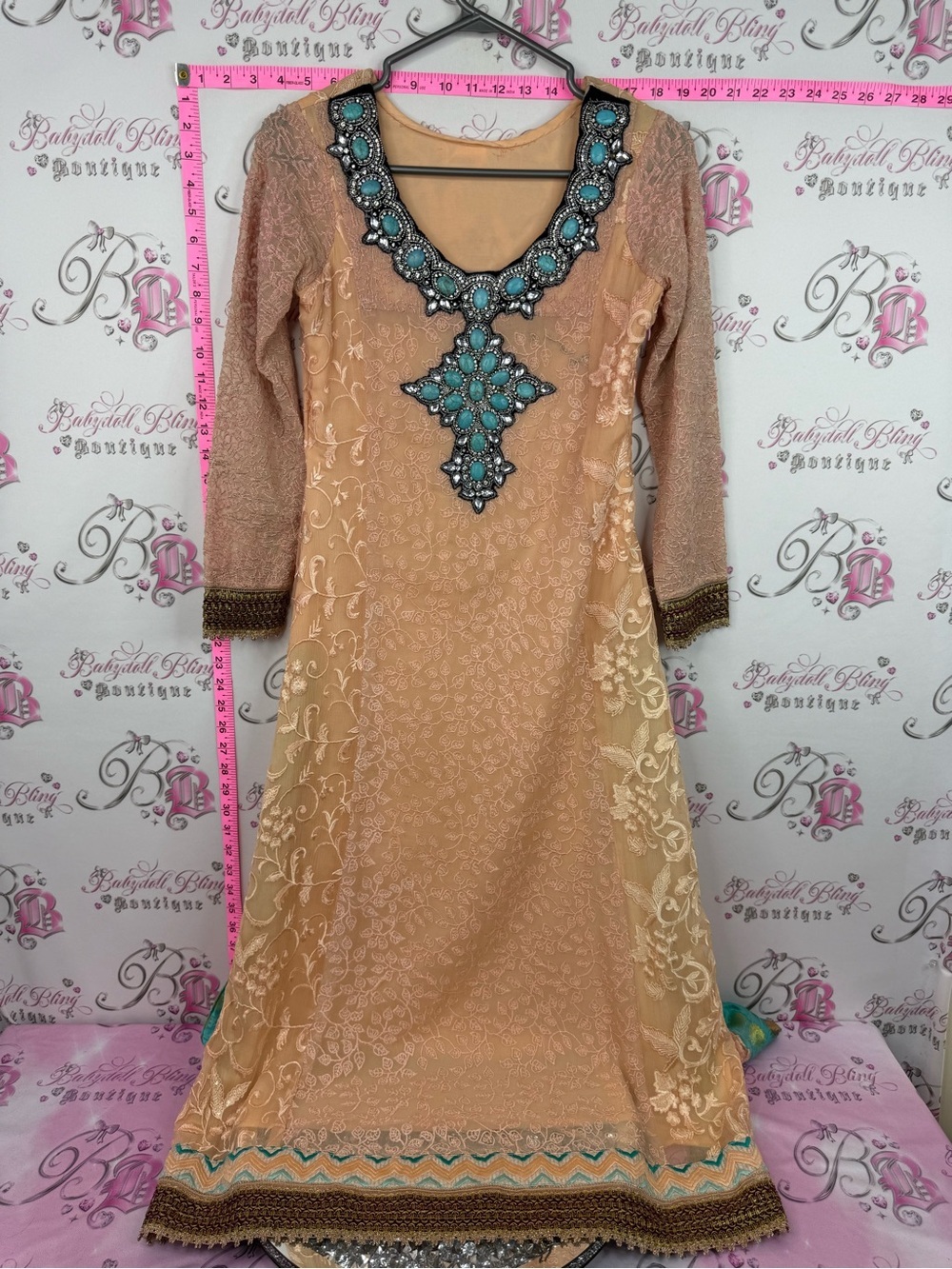 Embellished Peach Lace Long Sleeve Dress with Turquoise Accents